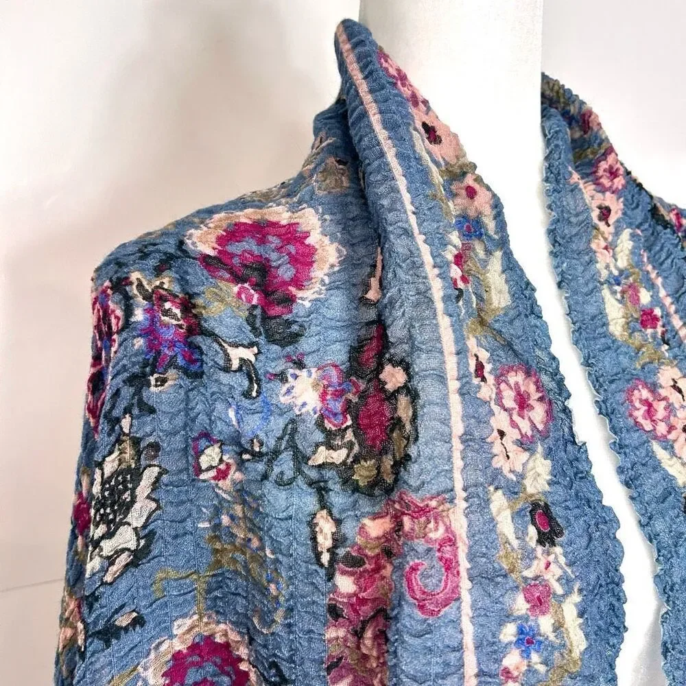 Wrap Scarf Womens One Size Blue Red Wool Blend Floral Print Crinkled Stretch
